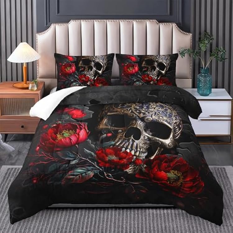 Skull Bedding Set Full Size,Goth Bedding Sets Full with Comforter,Skull Comforter Set,Rose Comforter Halloween Skull Bed Comforter,Black Bedding Skull Quilt