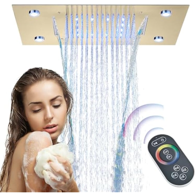 Brushed Gold 14X20 LED Luxury Rainfall Shower Head Ceiling Mounted Multi Functions Waterfall Square Showerheads High Pressure Bathroom Shower Heads With LED Control