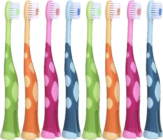 55Dental Kids Toothbrush Set of 8 Soft Giraffe Toothbrush for Kids 3-12, a Fun Childrens Toothbrush Bulk Pack with Bristle Cover, Easy-Grip Self-Standing Kid Toothbrush by Lix
