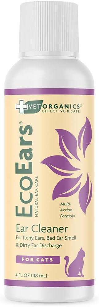 Vet Organics EcoEars Cat Ear Cleaner. Natural Multi-Action Formula. for Itch, Head Shaking, Discharge & Smell. Naturally Cleanses Away Common Problems. 100%  (4 oz)