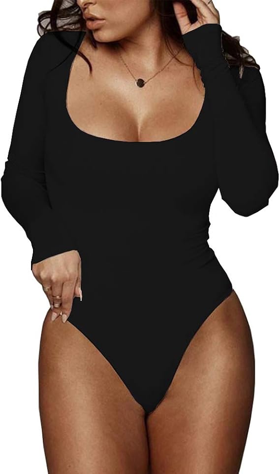 Women's Square Neck Long Sleeve T-shirt Basic Bodysuit Jumpsuits