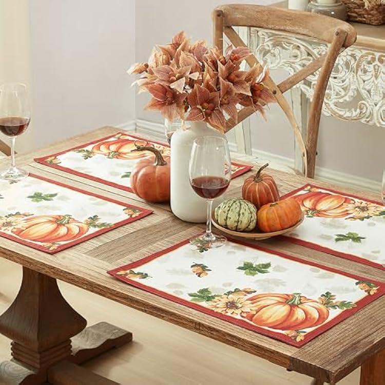 Newbridge Thanksgiving Autumns Bounty Bordered Fabric Placemats, Bountiful Farm Pumpkin Fall Harvest Multicolor Easy Care for Holiday Party, Set of 4 Place Mats