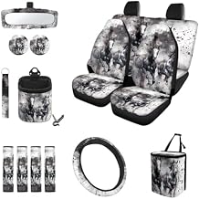 Black Art Ink Horse Print Modern Car Interior Upgrade 15pc Seat Protectors, Steering Wheel Cover, Seat Belt Pads,Organizers,Trash Can,View Mirror Cover,Coasters,Keychain Clean Easy Install