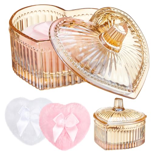 Tioncy 3 Pcs Large Body Powder Puff and Container Valentines Day gift Powder Container with Puff Crystal Case Soft Washable Reusable Velour Face Body Glitter Wet Dry MakeupHammered Heart,Amber