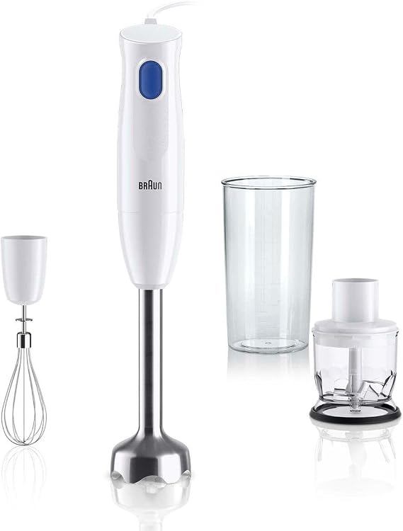Braun Household Hand Blender MQ10.202M MultiQuick 1 Extra Light Puree Blender with Stainless Steel Mixer Stand and EasyTwist System with Chopper, Whisk and Measuring Cup, 600 ml, 450 W, White