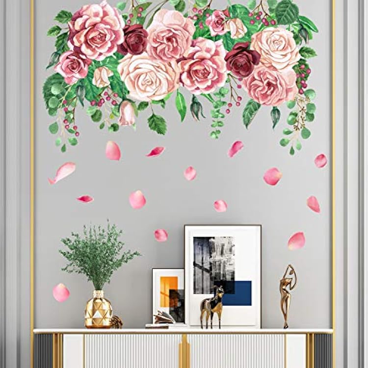 Peony Flowers Wall Decals Rose Flower Green Leaves Stickers DIY 3D Removable Floral Rose Skirting Wall Art Murals for Kids Baby Girls Bedroom Living Room Nursery Kitchen Office Room Decoration Pink