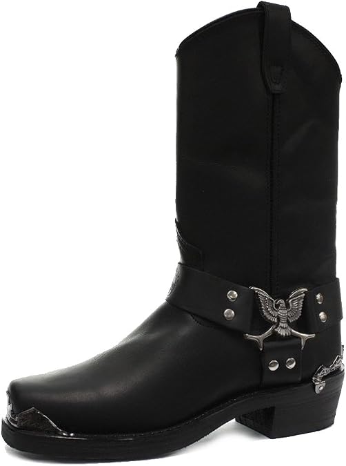 Grinders Mens Eagle Hi Cowboy Black Biker Leather Western New Boots