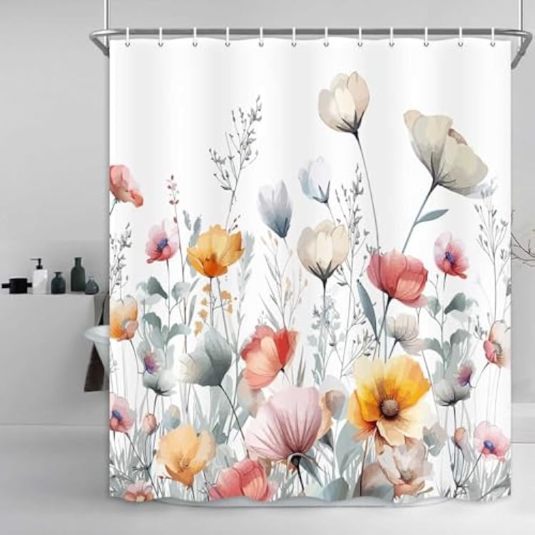 Wild Flowers Shower Curtain, Boho Floral Shower Curtain Set Watercolor Floral Shower Curtains For Bathroom, Colorful Flowers Bathroom Curtain Waterproof Spring Shower Curtains with Hooks 69X70 Inch