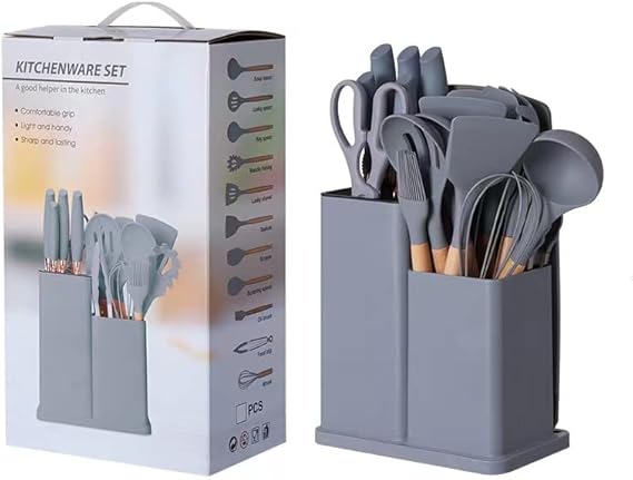 19 Pcs Chef Kitchen Cooking Utensils Set, Silicone Kitchen Gadgets Utensil Set (Grey)