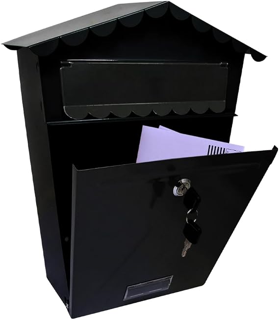 Black Steel Post Box - Wall Mounted Large Mailbox for Parcel Delivery | Powder Coated - Home Use & Outside On Sheds, Garages, Walls, Gates - Mail Box with 2 Keys | Lockable Letter - Keep Mail Safe