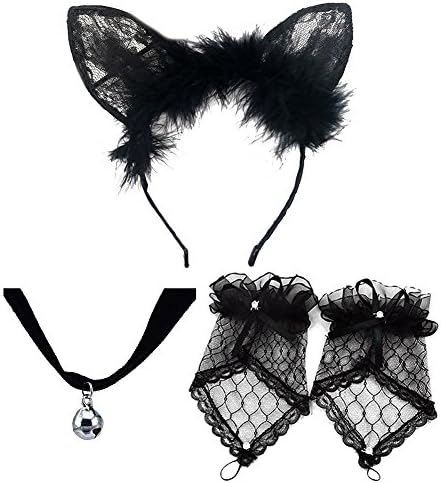 Black Cat Costume Set for Women, Sexy Lace Halloween Masquerade Mask, Ears, Tail, Choker