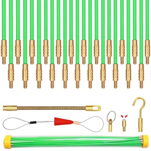 33 Ft Fiberglass Cable Wire Running Pull Push Kit Coaxial Electrical Connectable Fish Tape with Hook and Hole Kit in Transparent Tube Green