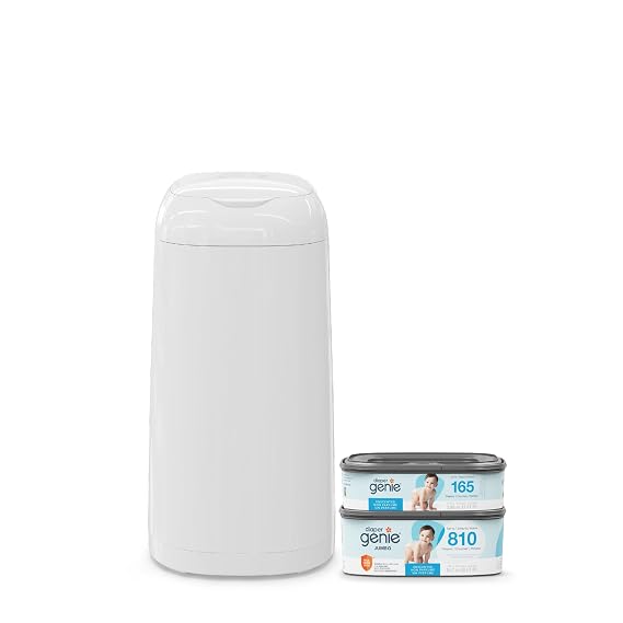 Diaper Genie Classic Pail & Jumbo Square Refill Bundle (975 ct) | Odor Control Diaper Trash Can with One-Handed Lid | Includes Starter Refill (165 ct) & Jumbo Refill (810 ct)