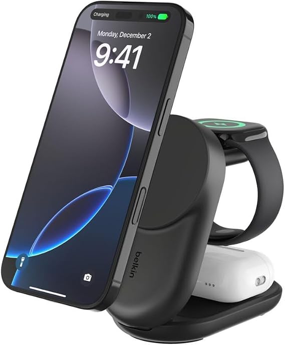 Belkin UltraCharge MagSafe Uyumlu 3’ü 1 Arada Qi2 25W Kablosuz Şarj Cihazı, iPhone 16, Apple Watch, AirPods, Pixelsnap, Dönüştürülebilir Masaüstü Standı, 45W Adaptör, Siyah