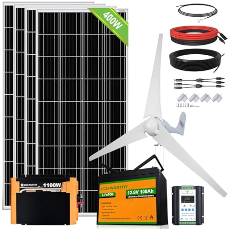 ECO-WORTHY 800W Solar Wind Power Kit: 1x 400W Wind Turbine  4 x100W Solar Panel  1x12V 100Ah Lithium Battery  1x12V 1100W Inverter for HomeRVBoatFarmStreet Light and Off-Grid Appliances