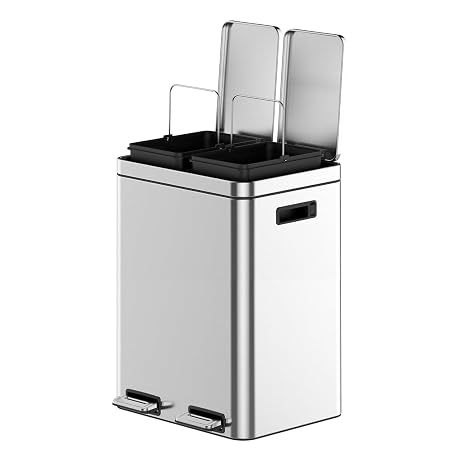 2 x 5.3 Gal (2 x 20L) Trash Can, Stainless Steel Double Trash Can with Recycling Bin, Soft-Close Lid, Step-on Garbage Bin, with Removable Plastic Inner Buckets
