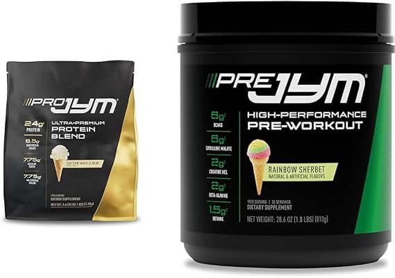 PRO JYM 45 Servings - Tahitian Vanilla Bean & Pre Jym Rainbow Sherbet, 30 Servings, Rainbow Sherbet, 1.8 Pound (Pack of 1)