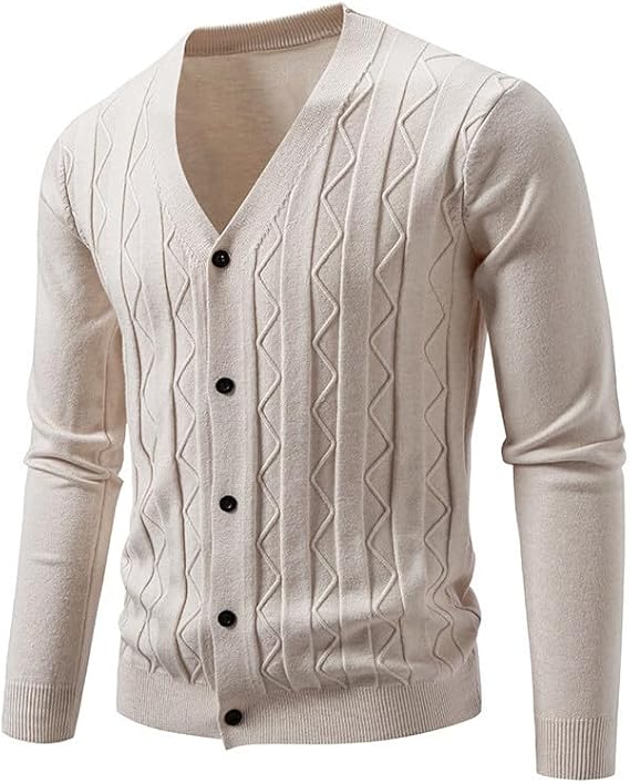 Men's V-Neck Knitted Cardigan Sweaters Coat Cable Knit Button Up Ribbed Sweater Lightweight Fashion Outerwear