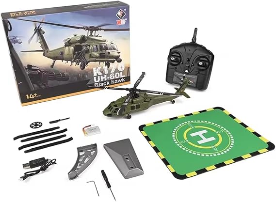 WL K170 UH-60L 4-Channel RC Helicopter for Adults Single Flybarless with 6-Axis Gyro Stabilization Brushless Altitude Hold Helicopter Model in Military Green - RTF