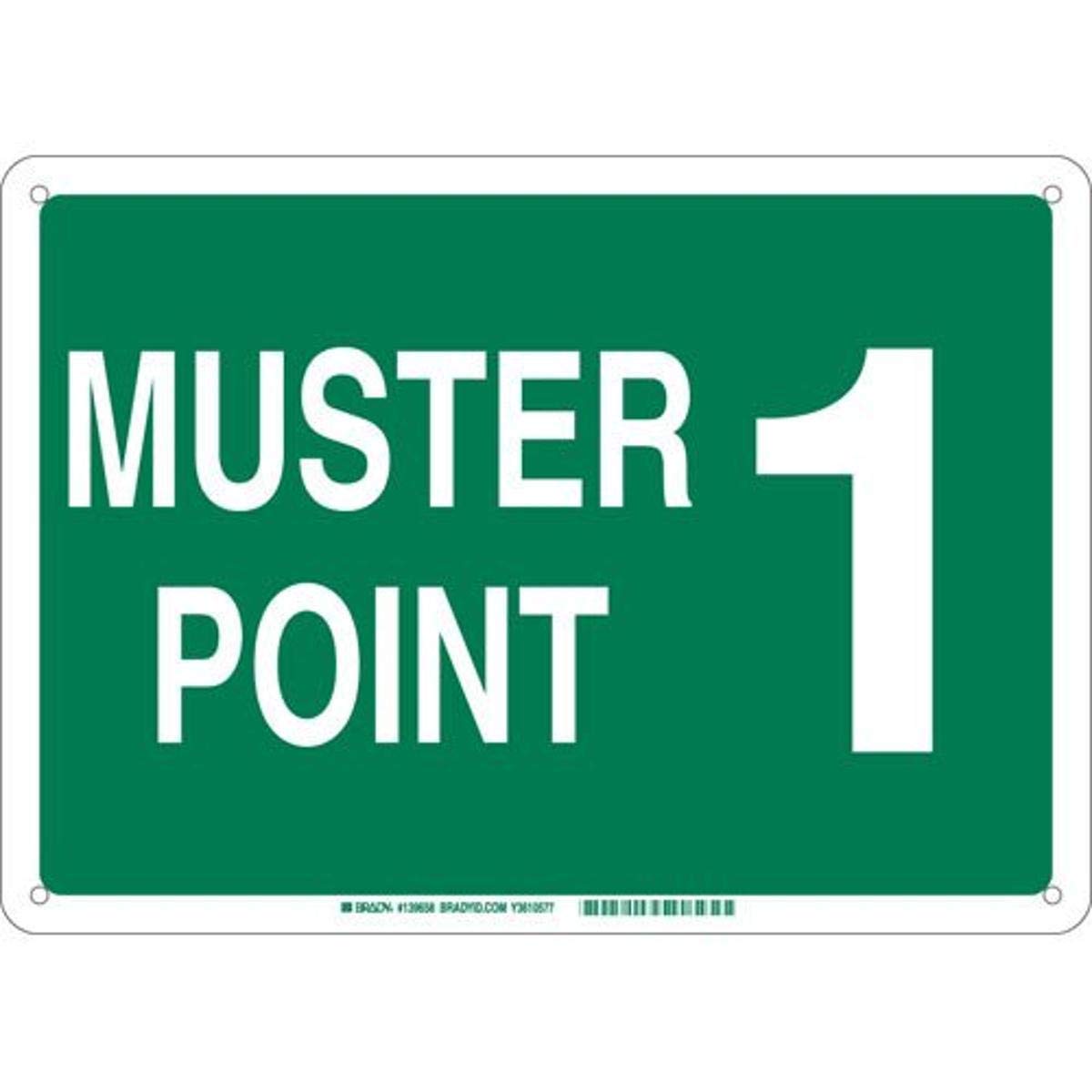 Brady 139664 Aluminum Muster Point 1 Sign, Text, 10 H x 14 W, White on Green