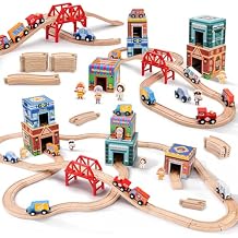 Wooden Train Set for Kids 3-7, Wood Train Tracks Complete Town Railway Playset with Matching Figures, Vehicles, Stacking and Nesting Blocks, Sorting & Stacking Toys Gifts for Boys Girls