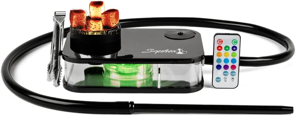Portable Hookah; Miami Hookah by Sophia Smokes | Acrylic Hookah Box with Silicone Hookah Bowl, Hose and Metal Charcoal Holder | with LED and Remote | Tongs Included