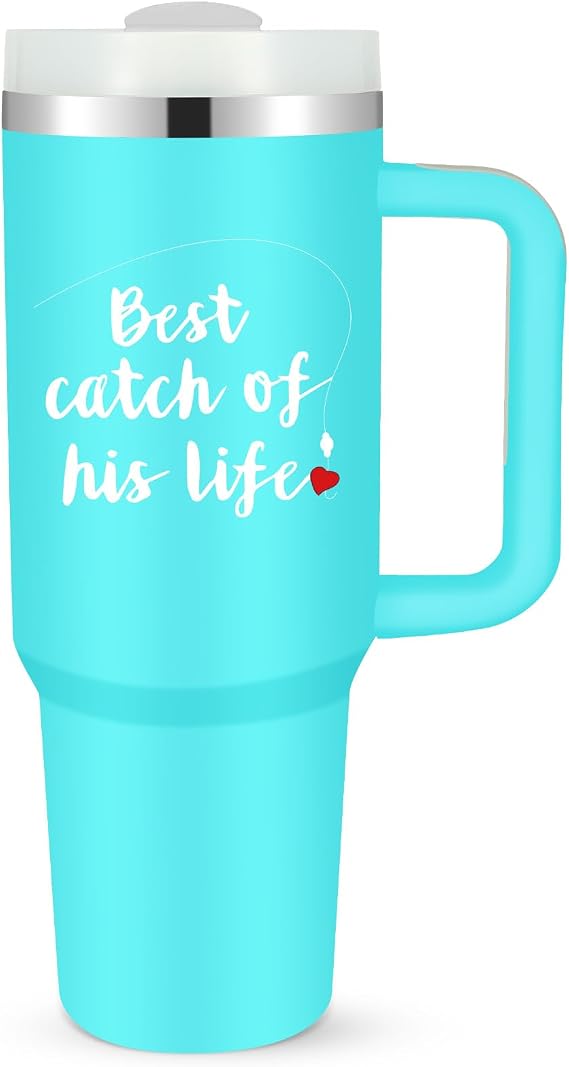 Fisherman Gift for Couples Tumblers Set, Best Catch of His Life Tumbler with Straw & Handle, 40 oz Stainless Steel Travel Mug for Newlyweds Engagement Wedding Bridal Shower Anniversary Presents