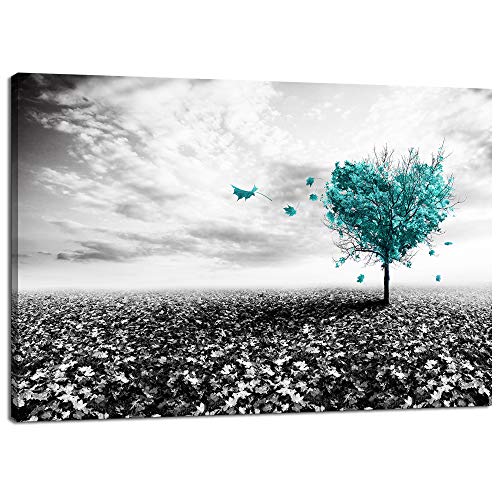 Derkymo Black and White Picture Prints Teal Heart-shaped Tree Wall Painting Love Tree Canvas Art Contemporary Home Decoration Stretched and Framed Ready to Hang 20 x 30 Inches