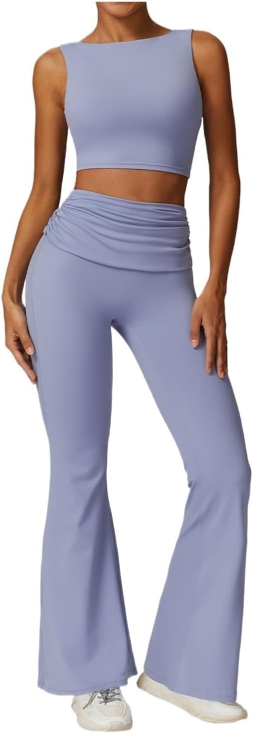 2 Piece Yoga Set Women's Running Sports Fitness Suit Bra & Pants Breathable Quick Drying Gym Clothes Workout Sportwear(Tank Pants Haze Blue,S)