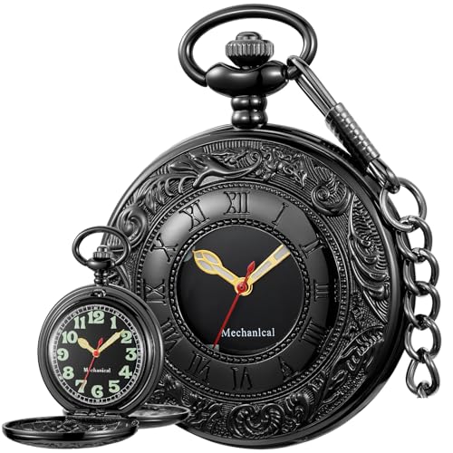 Vintage Design Case Mechanical Mens Watch Double Face Roman Numerals Clock Hand Wind Pocket Watch with Chain&Box