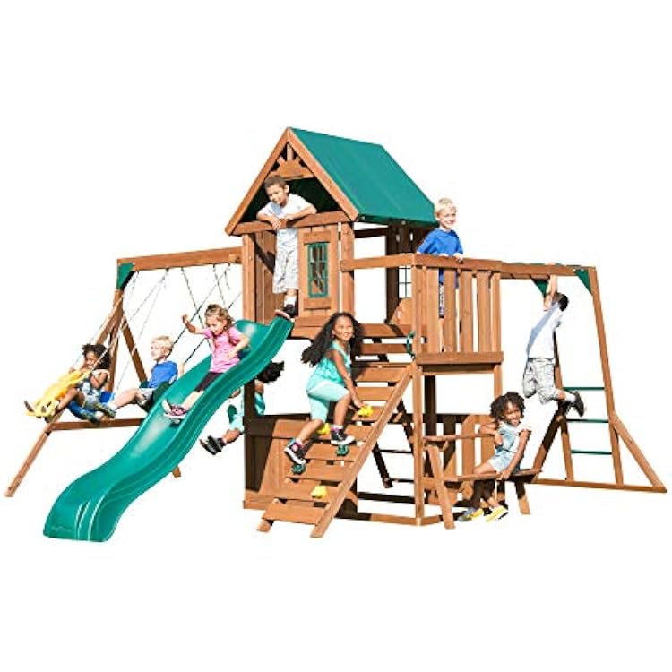 Swing-N-Slide Fremont Wooden Swing Set with Slide, Glider, Swings, Monkey Bars, Climbing Wall and Picnic Table, Wood, Green