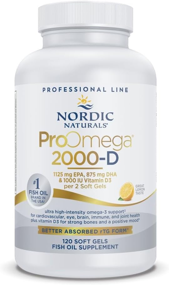 Nordic Naturals ProOmega 2000-D, Lemon Flavor - 120 Soft Gels - 2150 mg Omega-3 + 1000 IU D3 - Ultra High-Potency Fish Oil - EPA & DHA - Brain, Heart, Immune Health - Non-GMO - 60 Servings