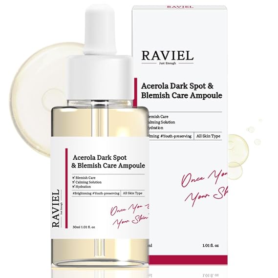 RAVIEL Acerola Dark Spot & Blemish Care Ampoule Vitamin C Serum for Dark Spots, Uneven Tone, Dull Skin & Skin Clarity, Korean Skincare, 30ml 1.01 fl oz