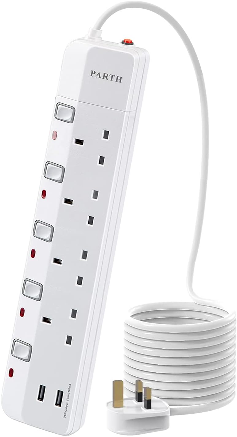 Surge Protected Extension Lead with 2 USB Slots - 3M Extra Long Cords Extension Cable - 4 Way UK Socket with Surge Protection - Wall Mounted Extension Plug - Multi Plugs Power Strip with Switches