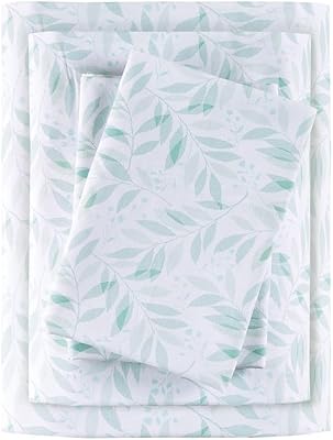 Madison Park 100% Cotton Sheets, Breathable & Soft Cotton Bed Sheets, Printed Design, Elastic Pocket Cotton Sheet Set Fits Up to 14 Mattress, All Season, Full Green Leaves 4 Piece
