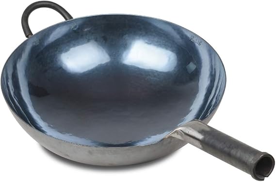 ZhenSanHuan Chinese Hand Hammered Iron Woks and Stir Fry Pans, Non-stick, No Coating, Carbon Steel Pow (36CM, BlueBlack Seasoned with help handle)