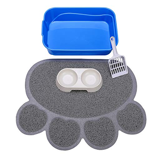 Kitty Litter Box Starter Kit - Small Cat Litter Pan Without Lid, Litter Mat, Scoop and Bowl for Kitten Within 3 Months GreyScoop