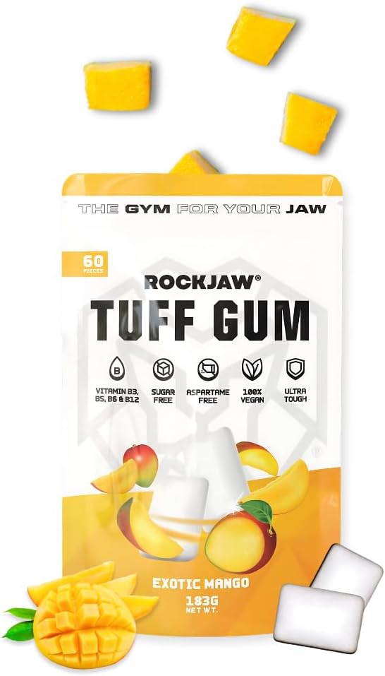 ROCKJAW® Tuff Gum | Ultra-Hard Jawline Chewing Gum for a Sharper Jawline | Vitamin B3, B5, B6 & B12 | 1350mg Xylitol | Sugar-Free | Aspartame-Free | 60 Pieces | Exotic Mango