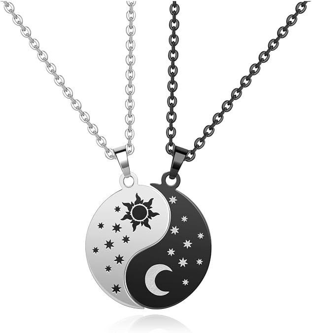 2pcs Yin Yang BFF Couple Pendant Necklace for Women Men Round Black White Stainless Steel Matching Puzzle Moon and Sun Tai Chi Necklace BestFriend Girlfriend Boyfriend Gift