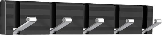 Wisfame Wall Coat Racks with 5 Folding Hooks,Modern Coat Hooks Wall Mounted,Space-Saving Coat Hanger for Entryway,Bedroom,Wall,Door(Black Silver)