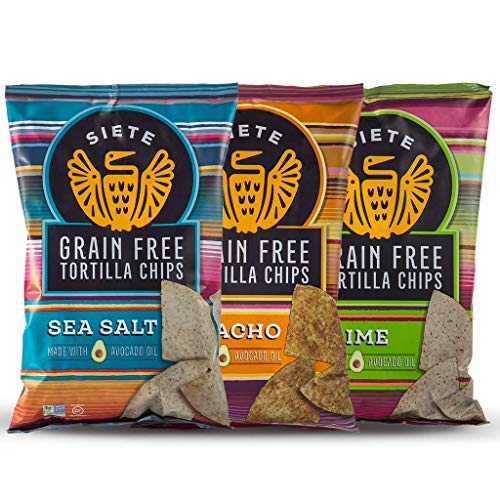Siete Grain Free Tortilla Chips, 3 Bag 5 Ounce Each Sampler of Nacho, Lime, Sea Salt