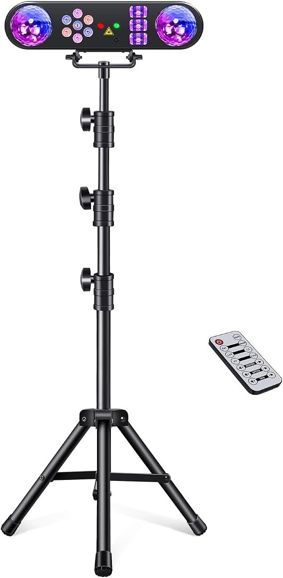 DJ Light with Stand,Party Lights DJ Disco Light Sound Activated,5 in 1 Party Light Package with Rotating Ball,Strobe,UV,Colorful LED Par Lighting and Pattern for Gig Band Wedding Event Show