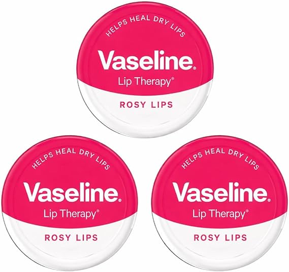 3 x Vaseline Lip Therapy Rosy Lips 20g Tin – Tinted Lip Balm with Petroleum Jelly, Moisturising Care with Natural Pink Shine, Compact Pocket Size
