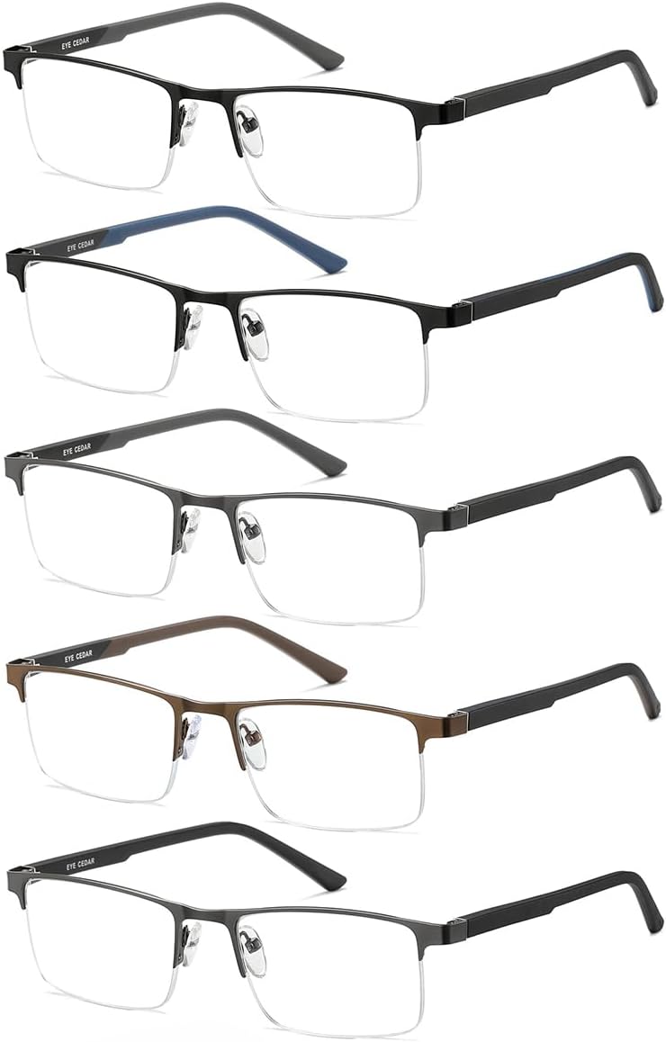 EYECEDAR 5 Pack Blue Light Blocking Reading Glasses Men Metal Half Frame Spring Hinges Rubber Flexible Temple Arms Computer Eyeglasses Readers for Men 2.50