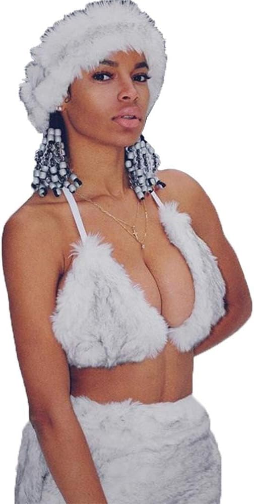 Women Faux Fur Crop Top Triangle Bra Sexy Halter Backless Tank Tops for Rave Festival Clubwear