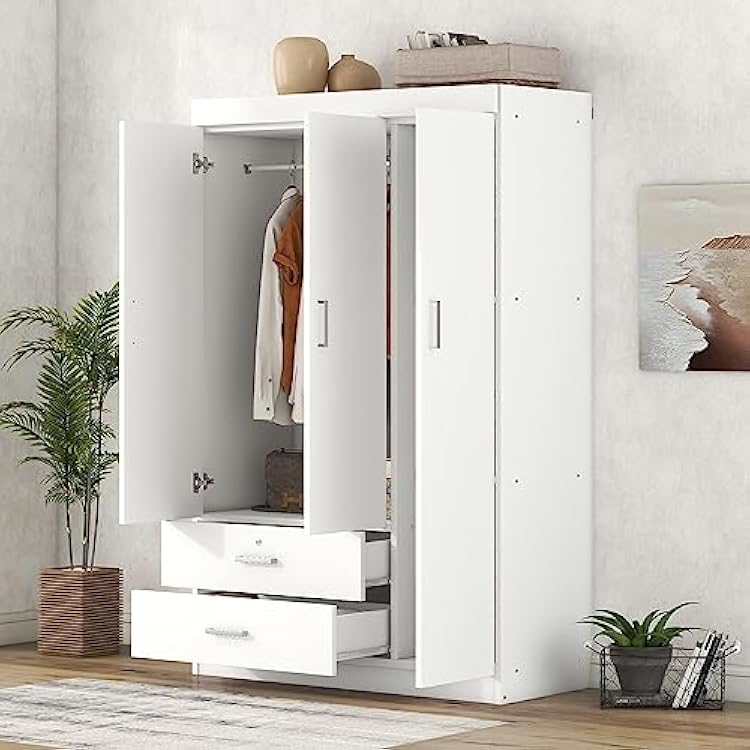 68.2 H Wardrobe Closet with 3 Doors, Wooden Armoire Wardrobe Closet with DrawersHanging RodShelves for Hanging Clothes, Freestanding Bedroom Armoires Clothes Organizer Cabinet, White