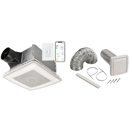 Broan-NuTone VC110CCT Sensonic Alexa Voice Controlled Smart Exhaust Fan,White, 13.25"x13.25"x5.75" & Available NuTone WVK2A Flexible Wall Ducting Kit for Ventilation Fans, 4-Inch
