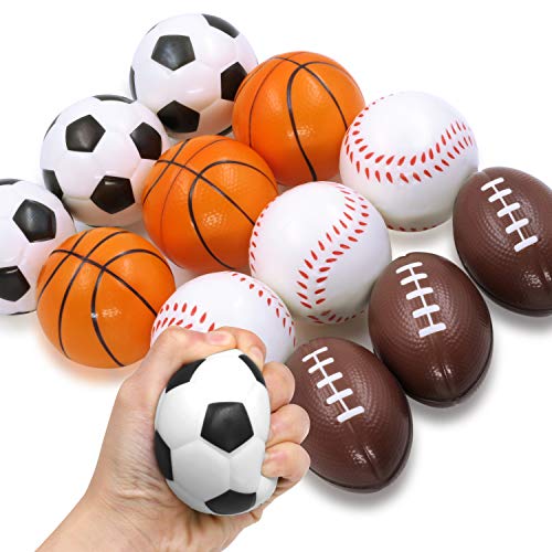 Novelty Place Squeezable Stress Balls - Anti-Stress Baseball, Basketball, Soccer, Football for Tension Relief - Relaxation Gadgets, Fidget Toys, Party Favors, Carnival Prizes12 Pack & 4 Ballgames