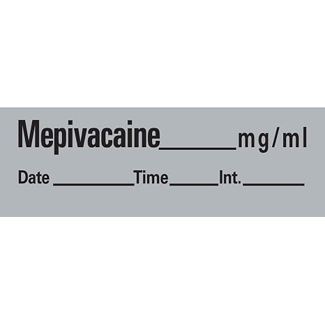 PDC Healthcare AN-34 "Mepivacaine mg/mL" Removable Anesthesia Tape with Date, Time and Initial, 1" Core, 1/2" Width, 500" Length, Gray