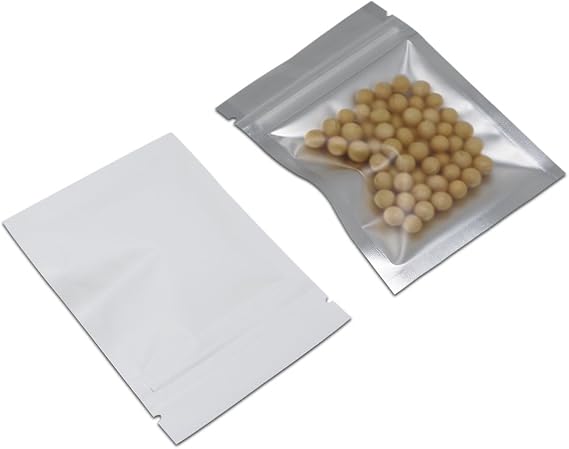 FERENLI 100 Pcs Mylar Food Storage Bag Zipper Lock Matte Aluminum Foil Airtight Bag with Front Window Plastic Packaging Pouch for Zip Flat Heat Seal Lock Resealable (7.5x10cm (3x3.9 inch), White)